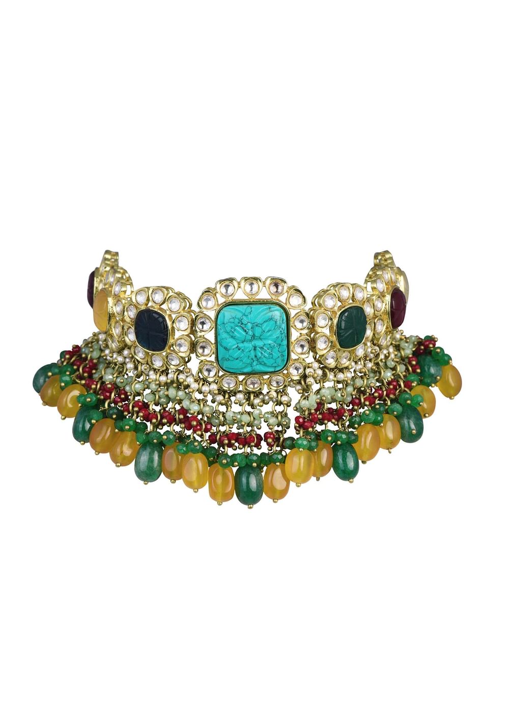 Gold Finish Floral Kundan Choker Set With Carved Stones And Beads