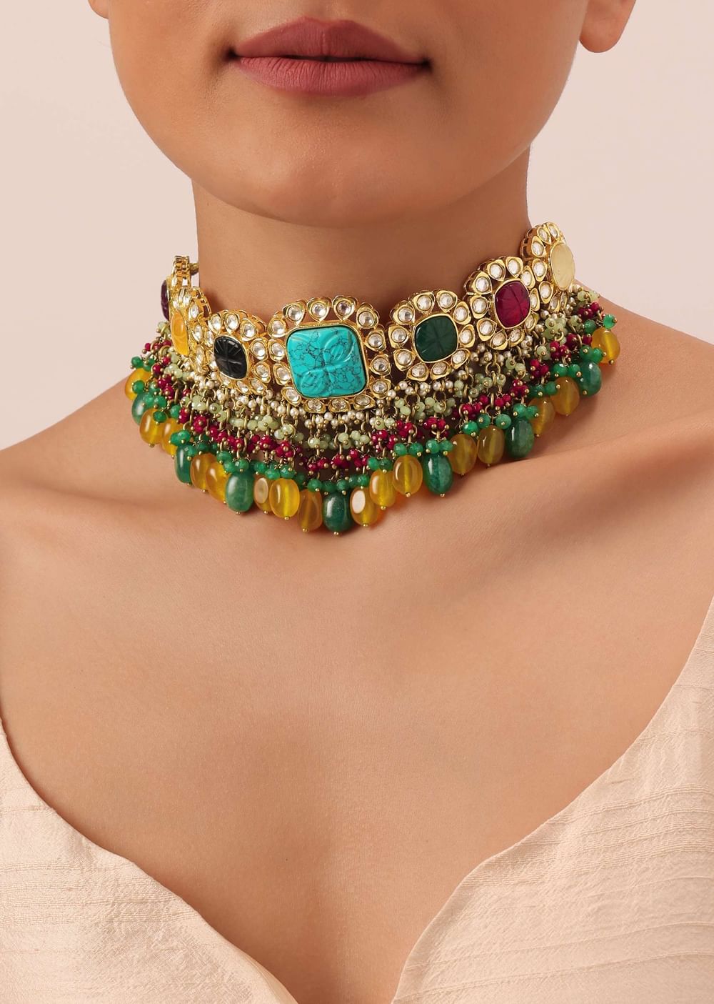 Gold Finish Floral Kundan Choker Set With Carved Stones And Beads