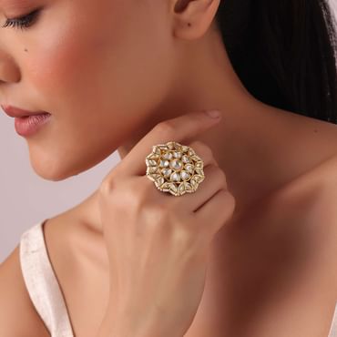 Gold Finish Floral Kundan Ring
