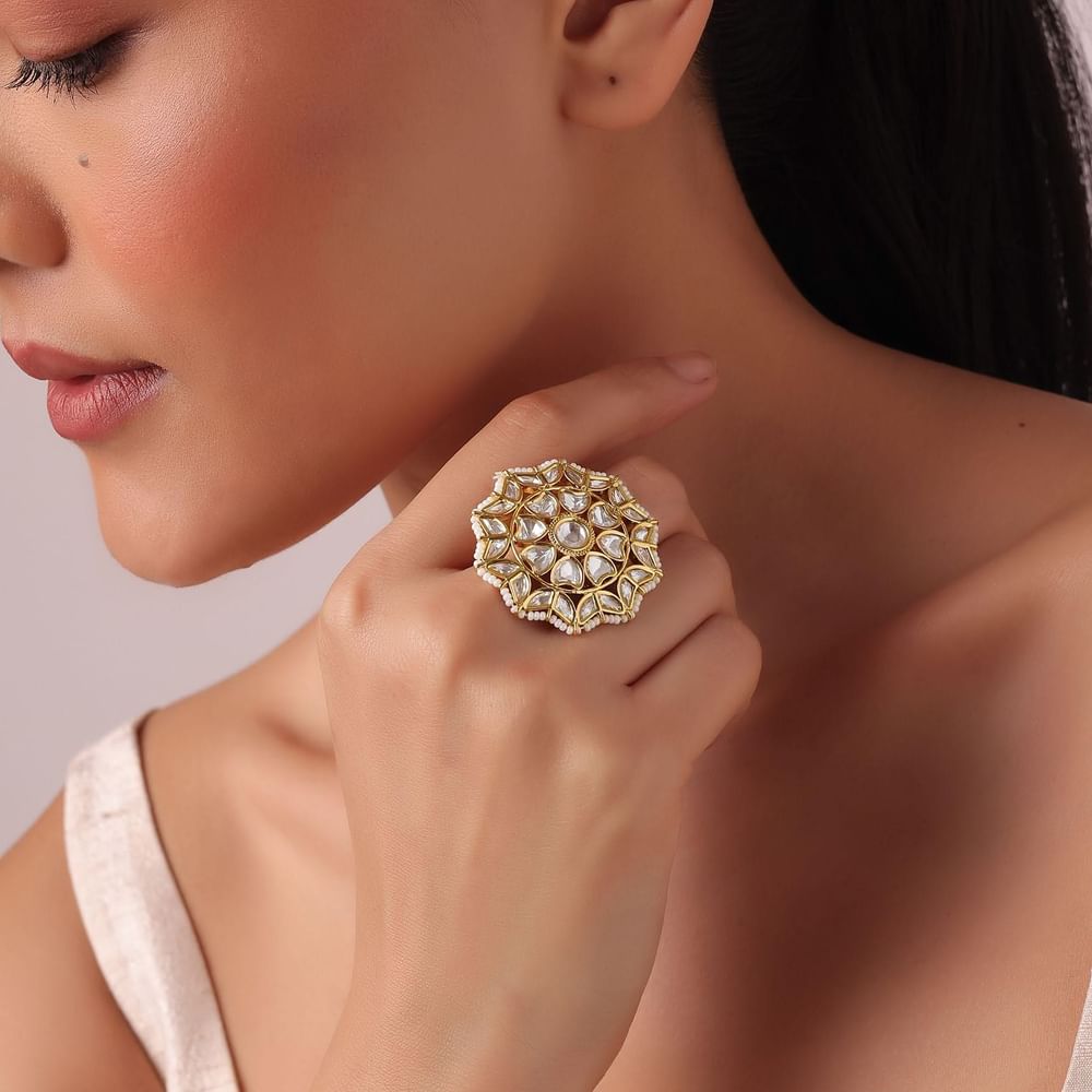 Gold Finish Floral Kundan Ring