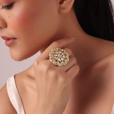 Gold Finish Floral Kundan Ring