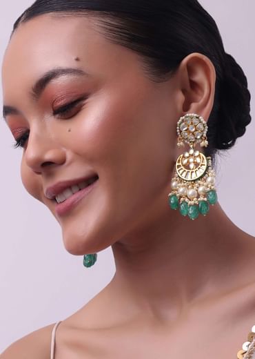 Gold Finish Green And White Chandbalis in Mix Metal