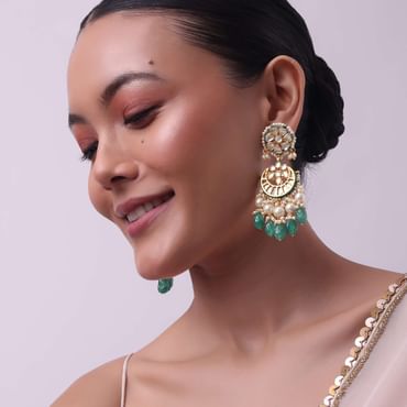 Gold Finish Green And White Chandbalis in Mix Metal