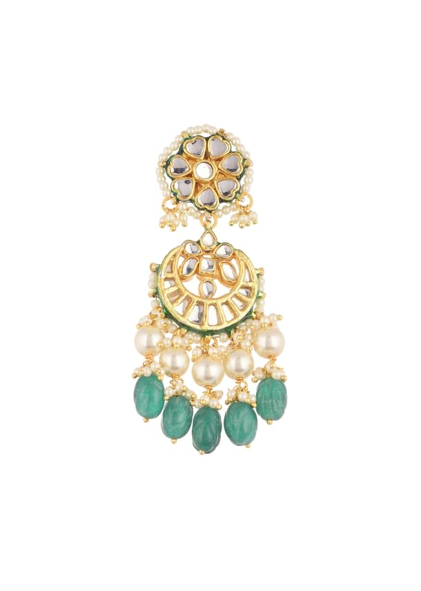 Gold Finish Green And White Chandbalis in Mix Metal