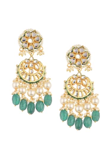 Gold Finish Green And White Chandbalis in Mix Metal