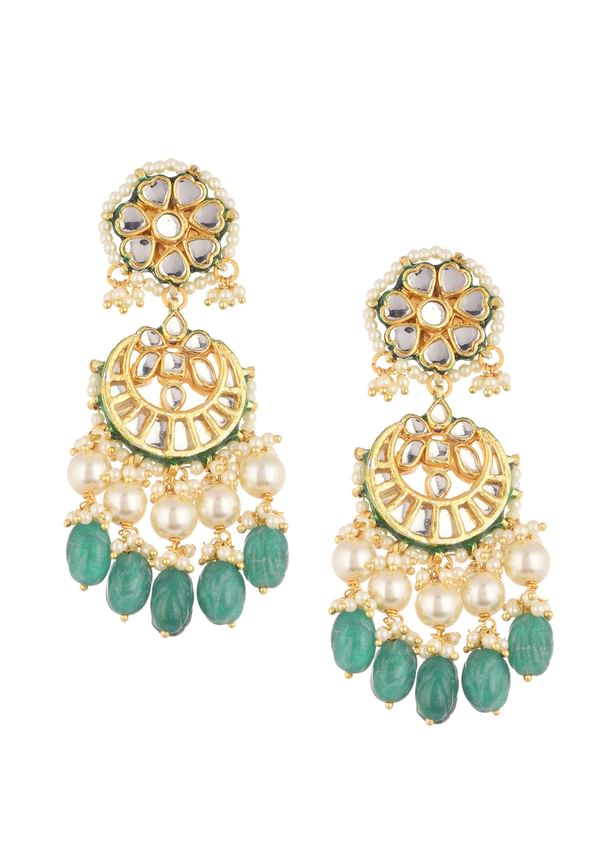 Gold Finish Green And White Chandbalis in Mix Metal