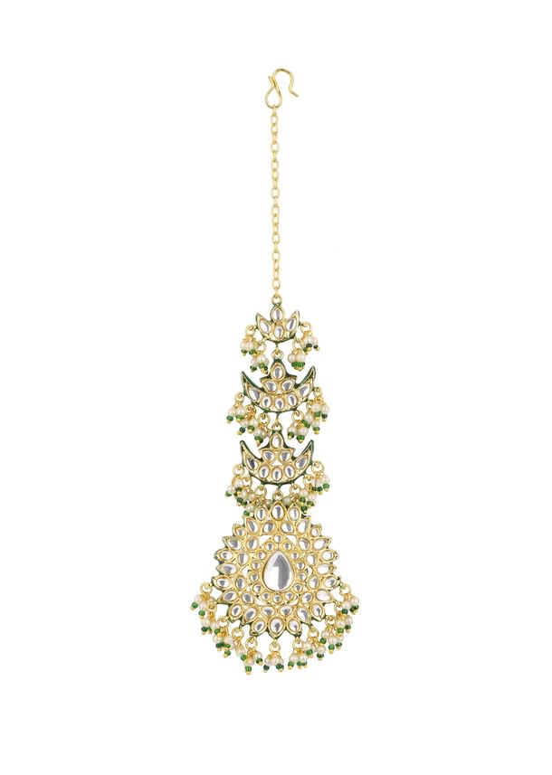 Gold Finish Green Kundan Maang Tikka