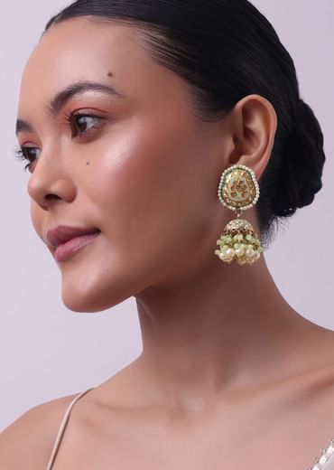 Gold Finish Green Kundan Jhumkas Adorned With Beads