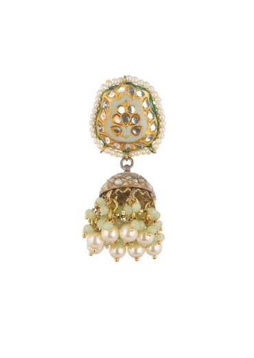 Gold Finish Green Kundan Jhumkas Adorned With Beads