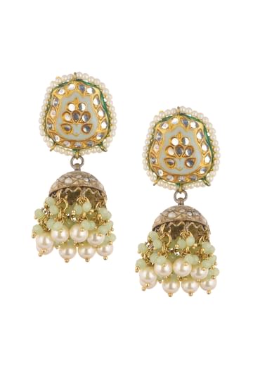 Gold Finish Green Kundan Jhumkas Adorned With Beads