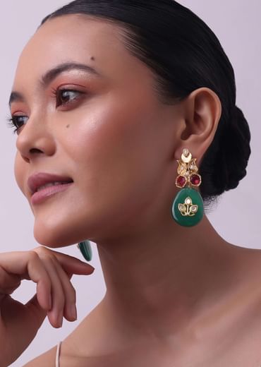 Gold Finish Green Kundan Embellished Danglers
