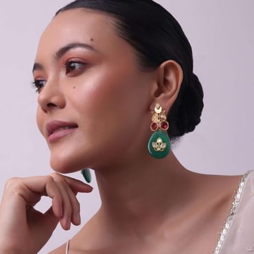 Gold Finish Green Kundan Embellished Danglers