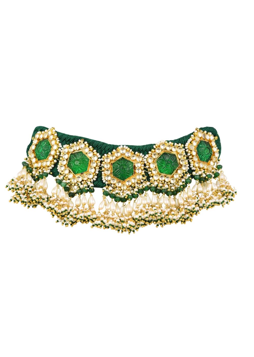 Gold Finish Kundan Choker Set With Beads, Pearls, And Synthetic Emerald Stones