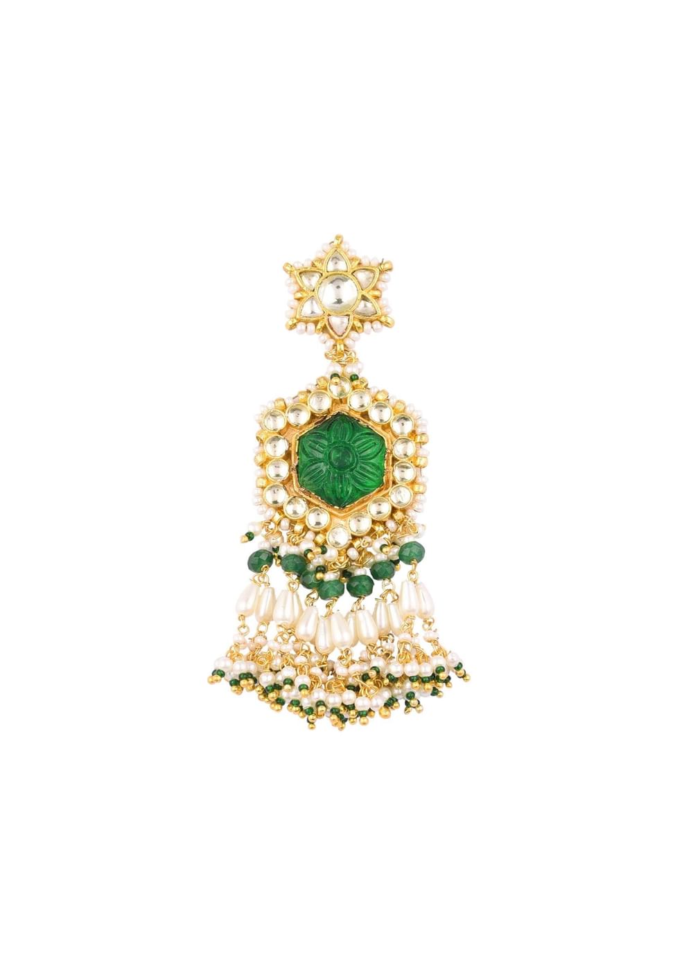 Gold Finish Kundan Choker Set With Beads, Pearls, And Synthetic Emerald Stones