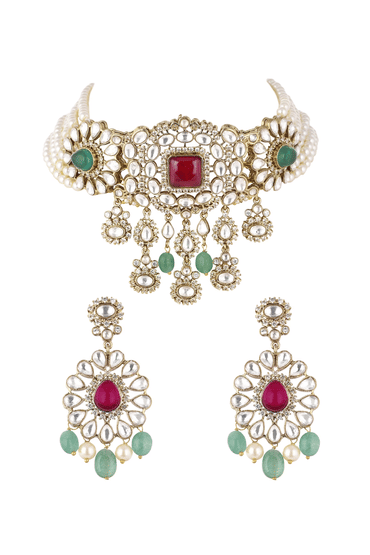 Gold Finish Kundan Choker Set With Synthetic Ruby And Emerald Stones