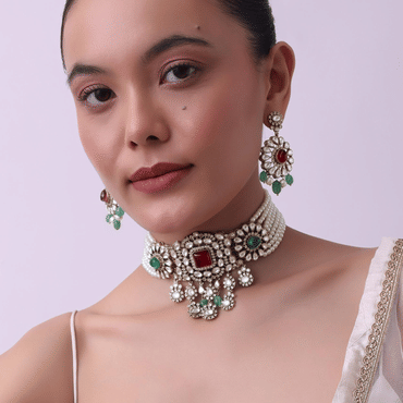 Gold Finish Kundan Choker Set With Synthetic Ruby And Emerald Stones