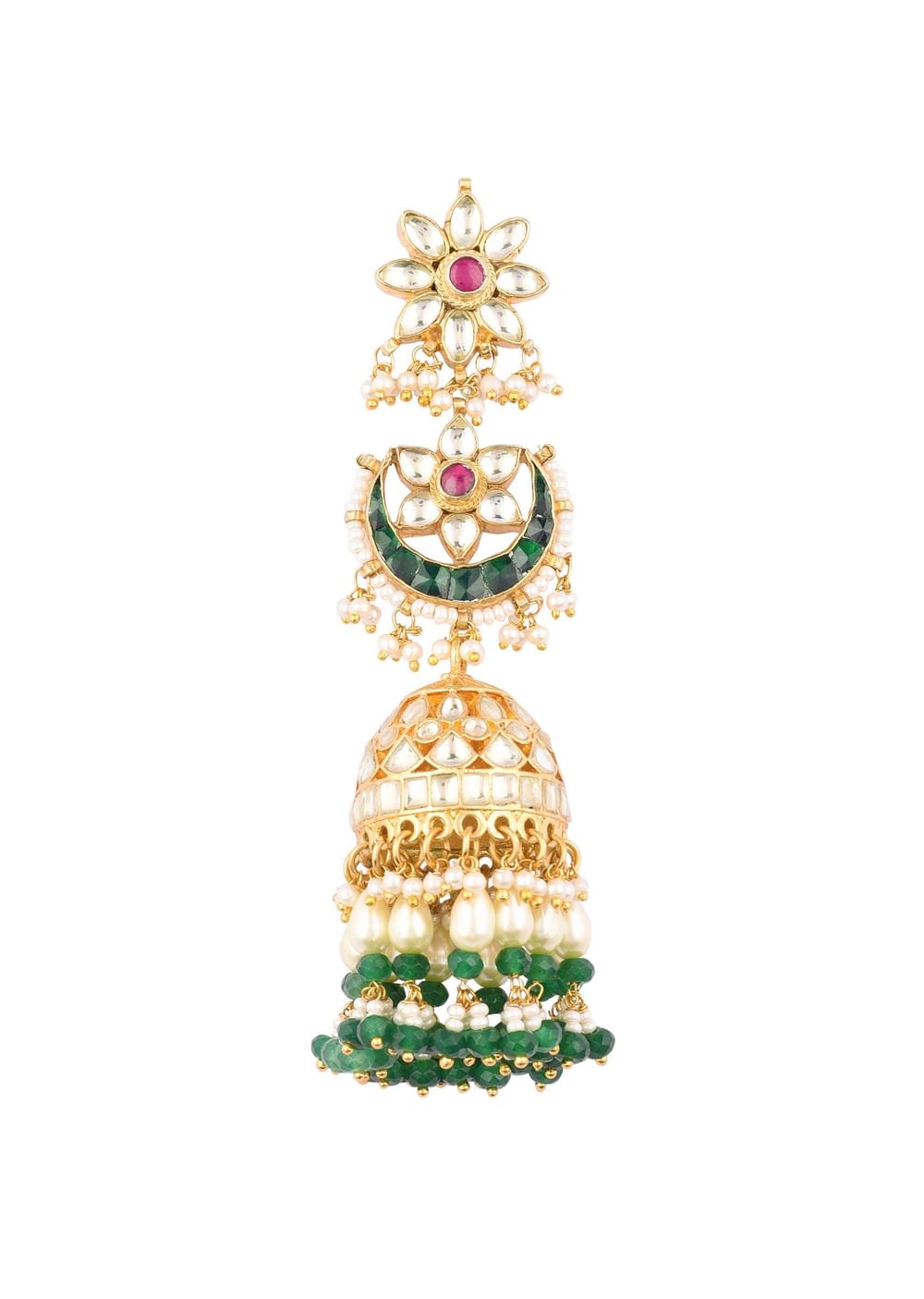 Gold Finish Kundan Polki Dangling Earrings With Beads And Green-Red Stones