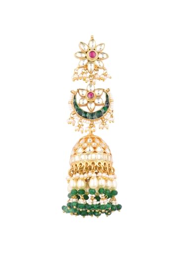 Gold Finish Kundan Polki Dangling Earrings With Beads And Green-Red Stones