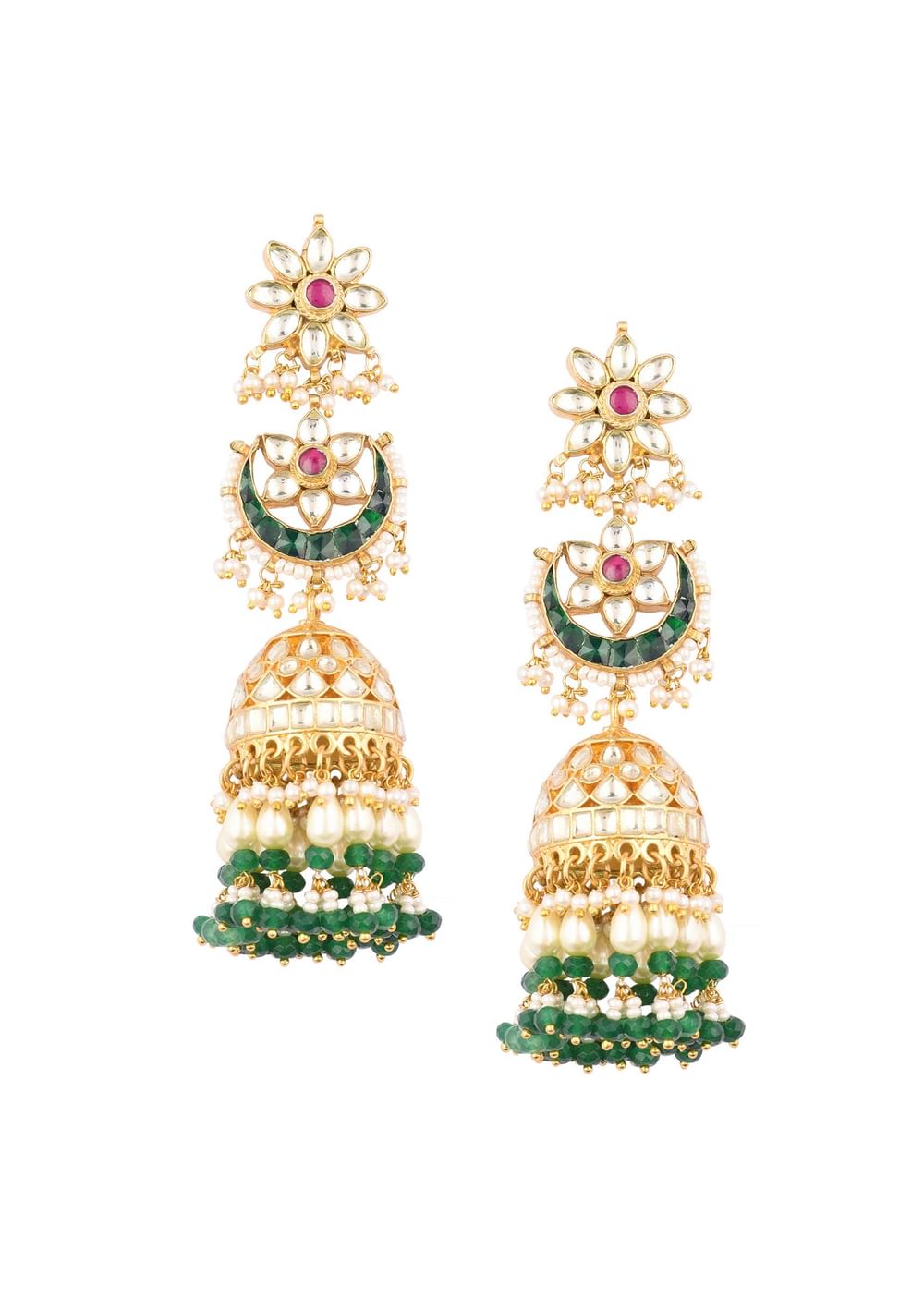 Gold Finish Kundan Polki Dangling Earrings With Beads And Green-Red Stones