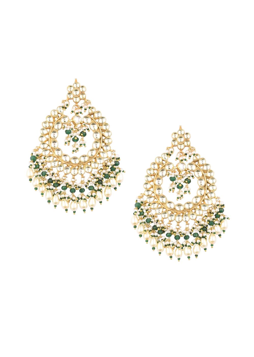 Gold Finish Kundan Earrings With Beads And Synthetic Emerald Stones