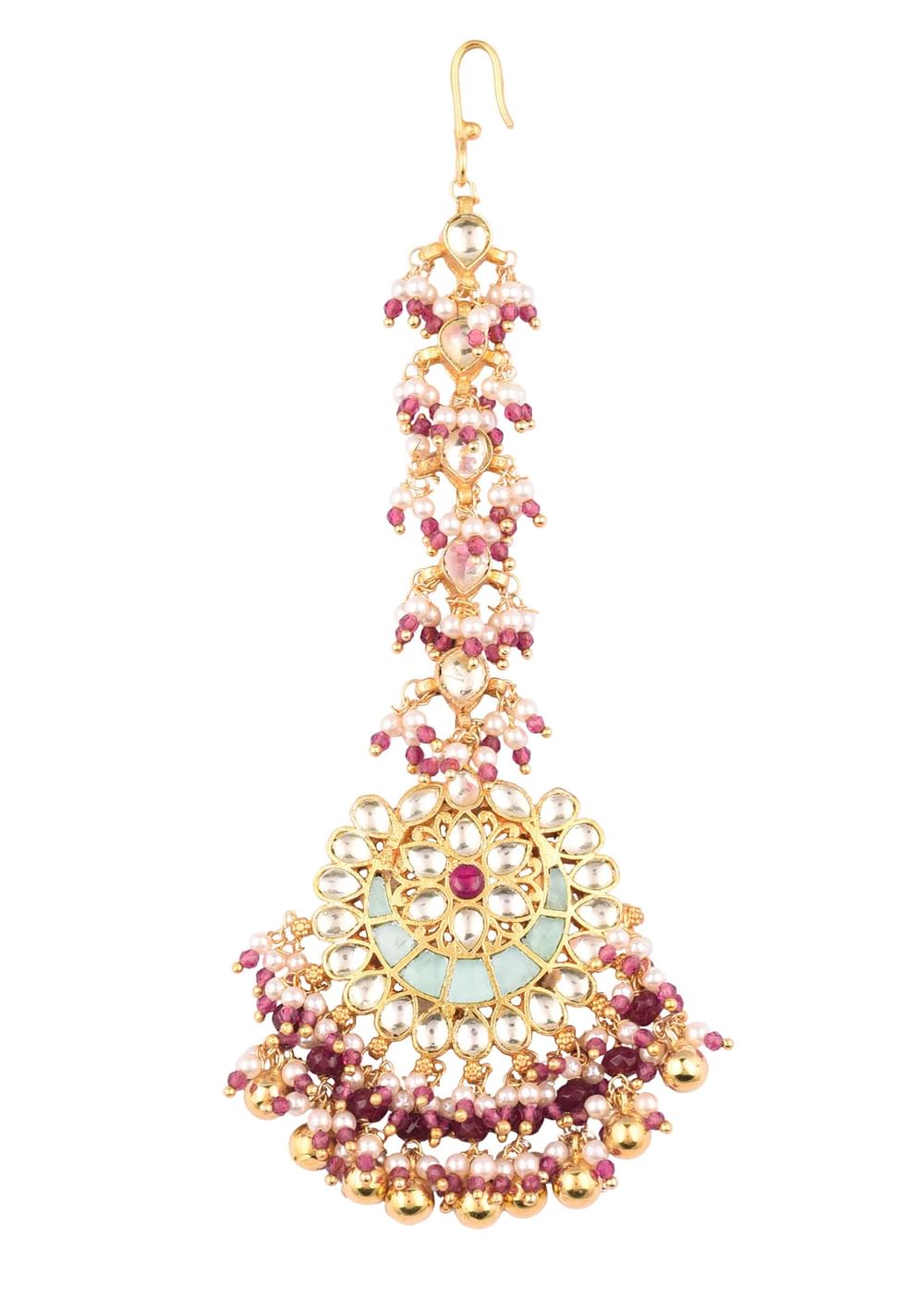 Gold Finish Kundan Maangtika With Synthetic Stones And Beads