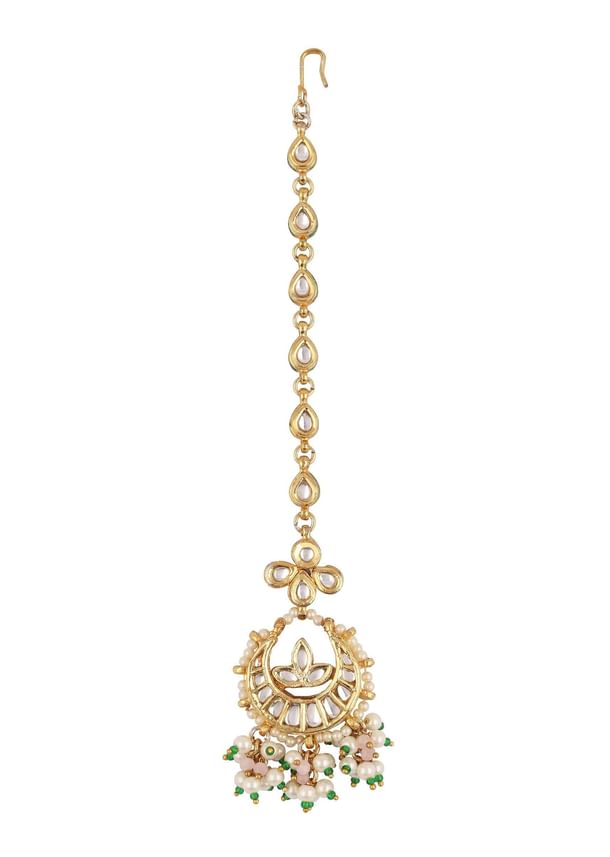 Gold Finish Kundan Mangtikka With Dangling Pearls