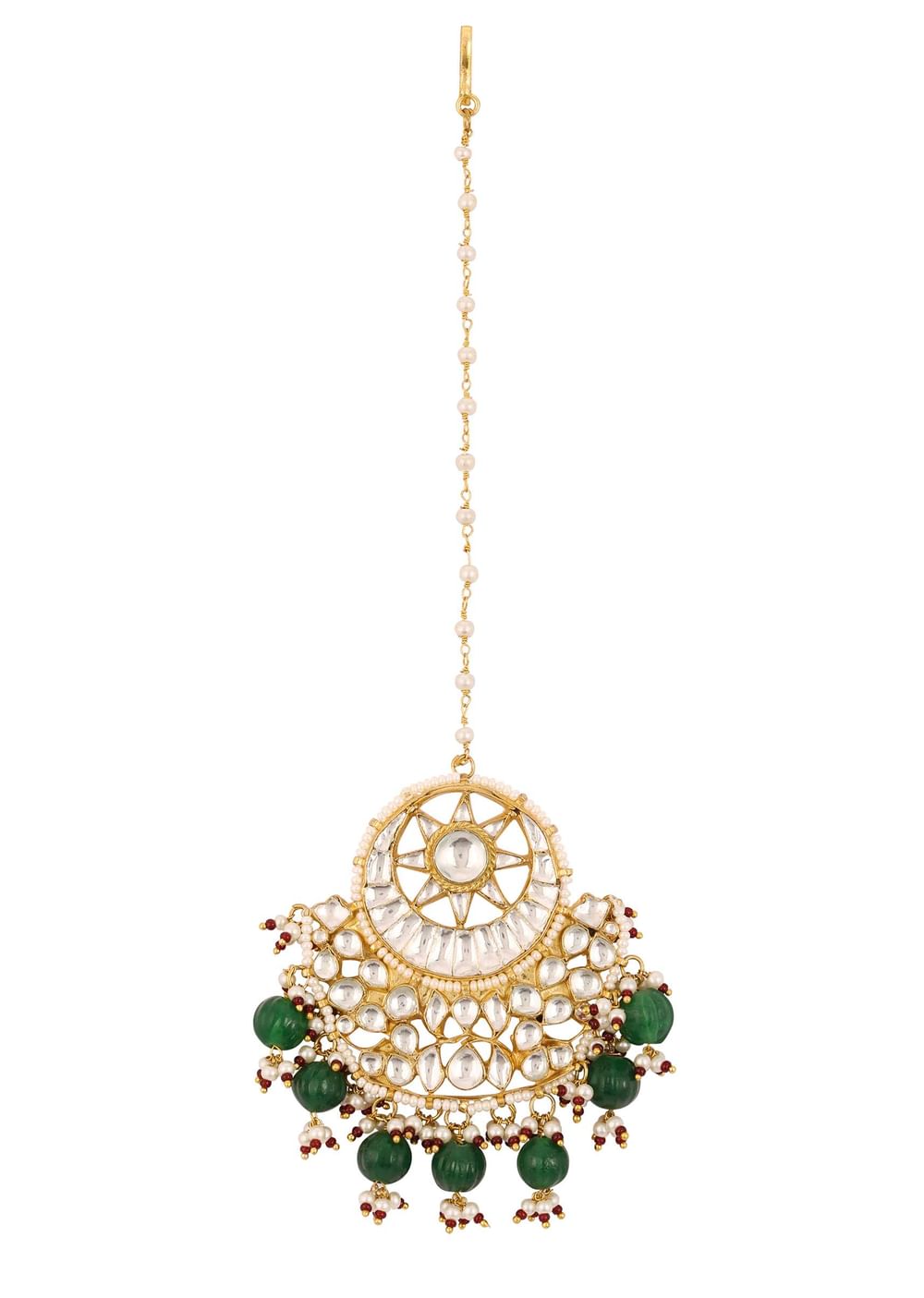 Gold Finish Kundan Floral Maangtika With Synthetic Emerald Stones And Beads