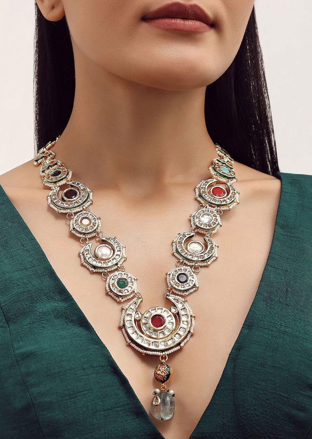 Gold Finish Kundan Necklace With Multicolor Stone In?ÿMix?ÿMetal