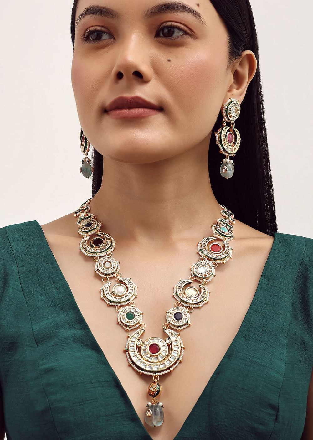 Gold Finish Kundan Necklace With Multicolor Stone In?ÿMix?ÿMetal