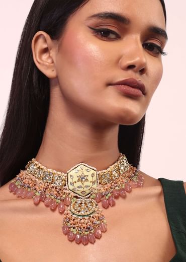 Gold Finish Kundan Polki beaded Necklace set with Earrings