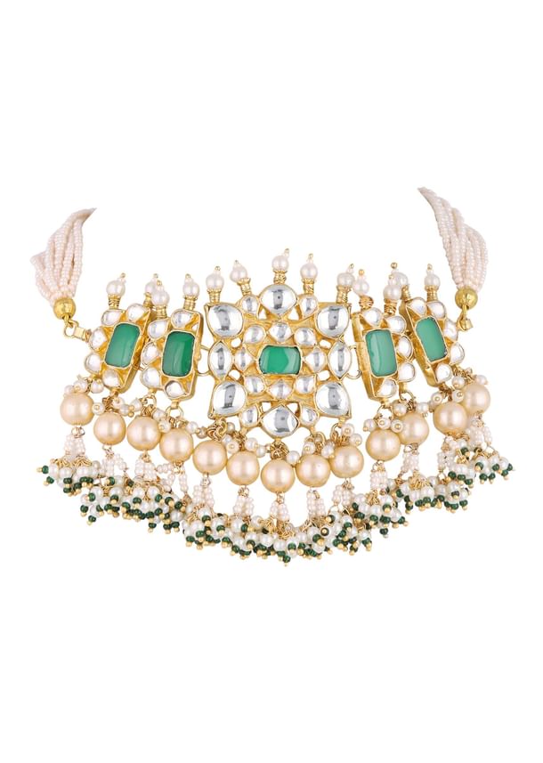 Gold Finish Kundan Polki Choker Set With Pearls