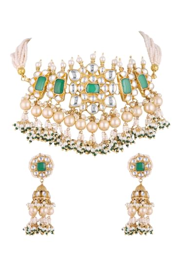 Gold Finish Kundan Polki Choker Set With Pearls