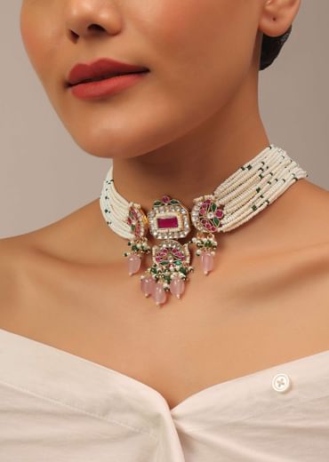 Gold Finish Kundan Polki Choker Set With Peach Drops