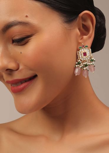 Gold Finish Kundan Polki Choker Set With Peach Drops