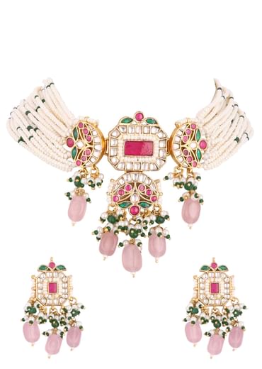 Gold Finish Kundan Polki Choker Set With Peach Drops