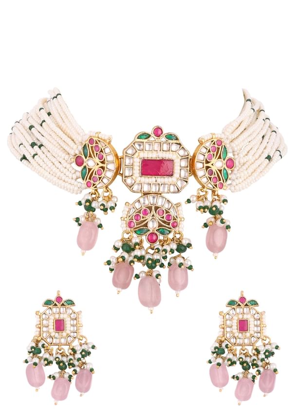 Gold Finish Kundan Polki Choker Set With Peach Drops