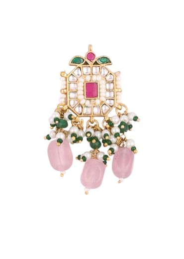 Gold Finish Kundan Polki Choker Set With Peach Drops