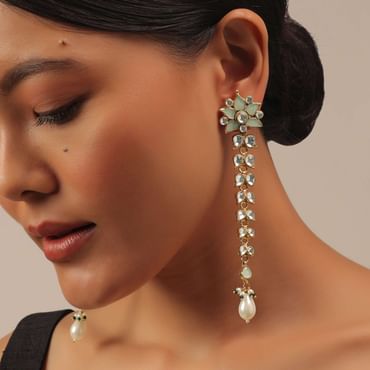 Gold Finish Kundan Polki Earrings With Pearl And Beads