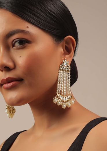 Gold Finish Kundan Polki Earrings With Beads And Pearls