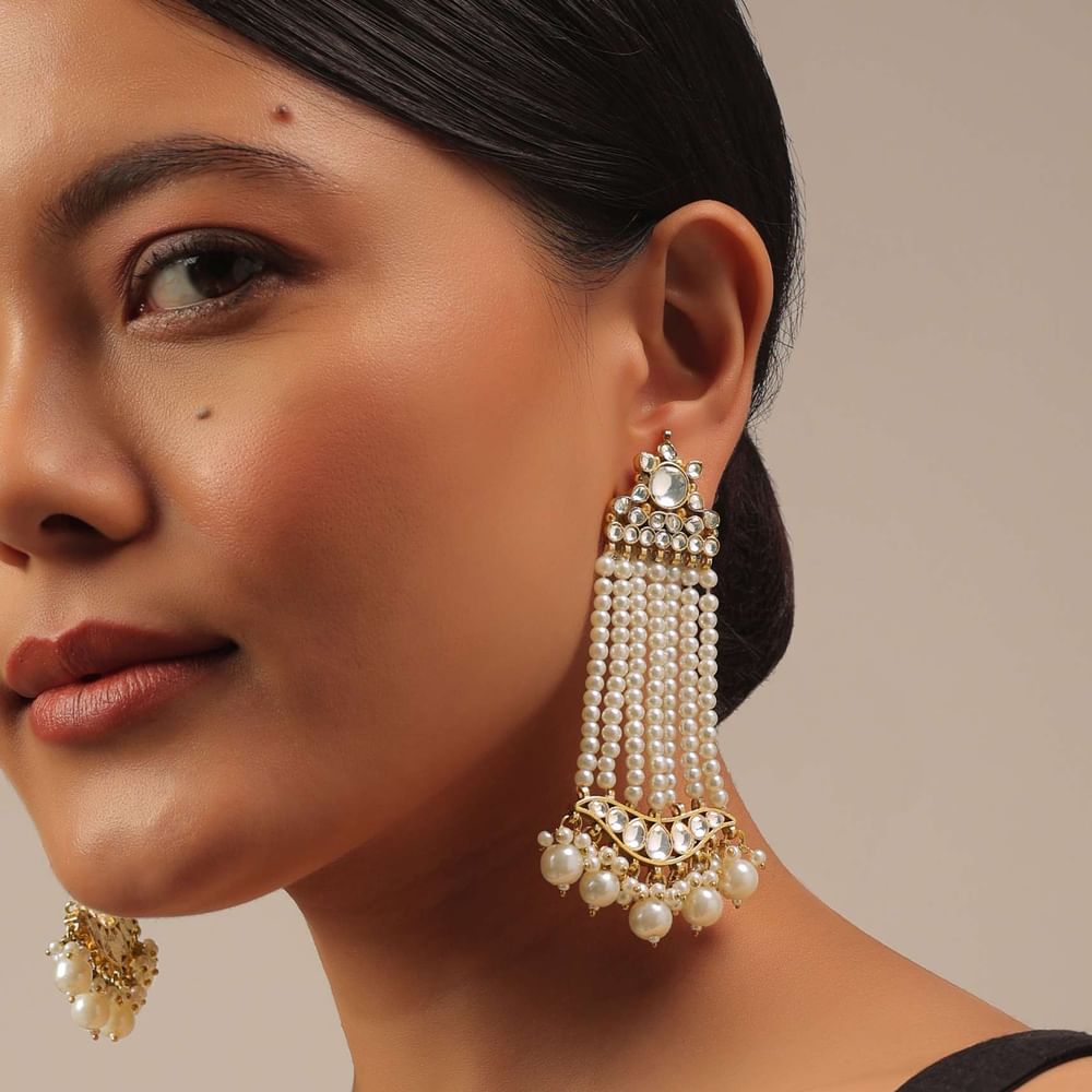 Gold Finish Kundan Polki Earrings With Beads And Pearls