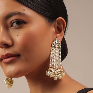 Gold Finish Kundan Polki Earrings With Beads And Pearls