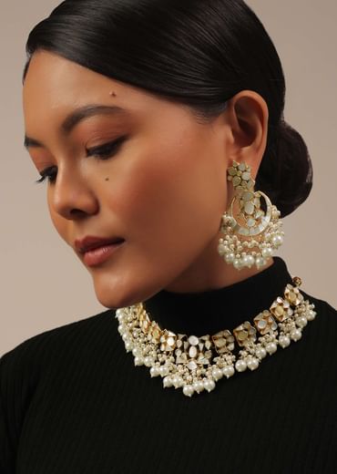 Gold Finish Kundan Polki White Choker Set With Pearls