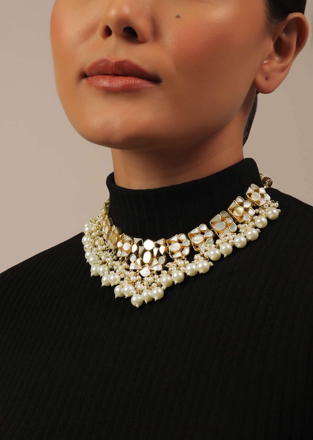 Gold Finish Kundan Polki White Choker Set With Pearls