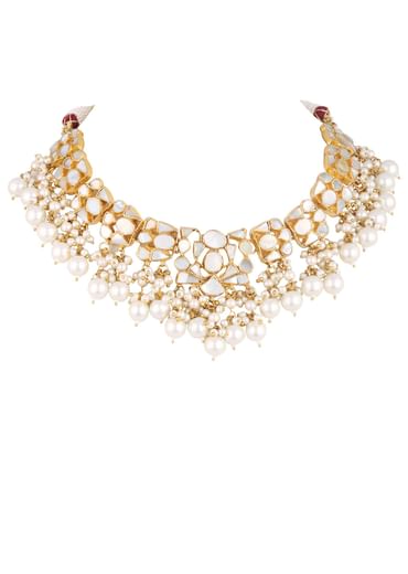 Gold Finish Kundan Polki White Choker Set With Pearls