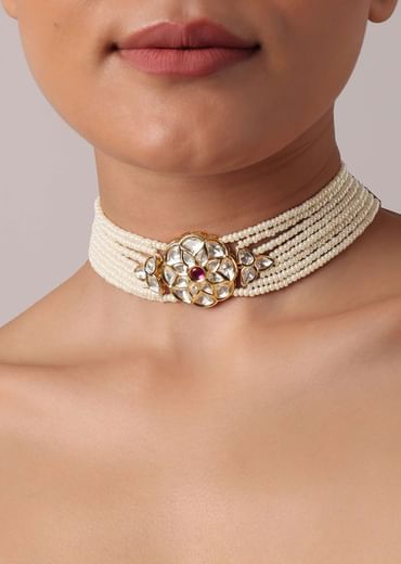 Gold Finish Kundan With Meenakari Studded Choker Set