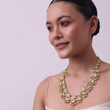 Gold Finish Layered Kundan Necklace With Red And White Drops