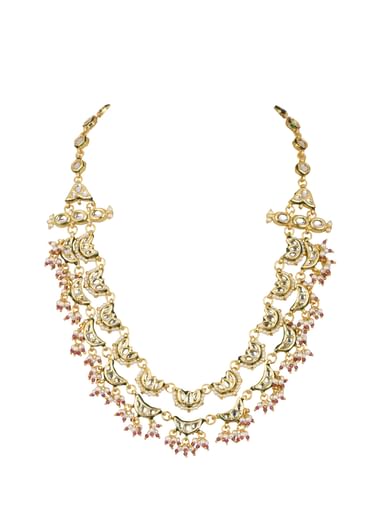Gold Finish Layered Kundan Necklace With Red And White Drops