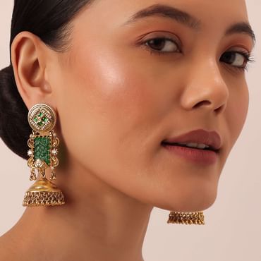 Gold Finish Meenakari Temple Earrings With Bead Drops