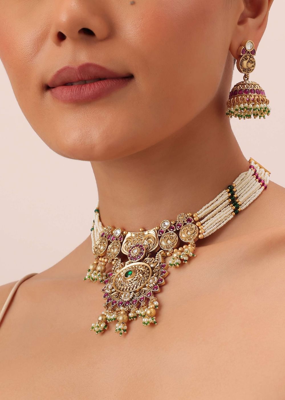 Gold Finish Meenakari Temple Necklace With Pearl Drop Jhumkas