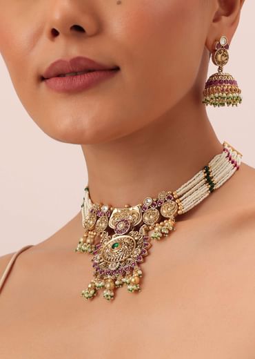 Gold Finish Meenakari Temple Necklace With Pearl Drop Jhumkas